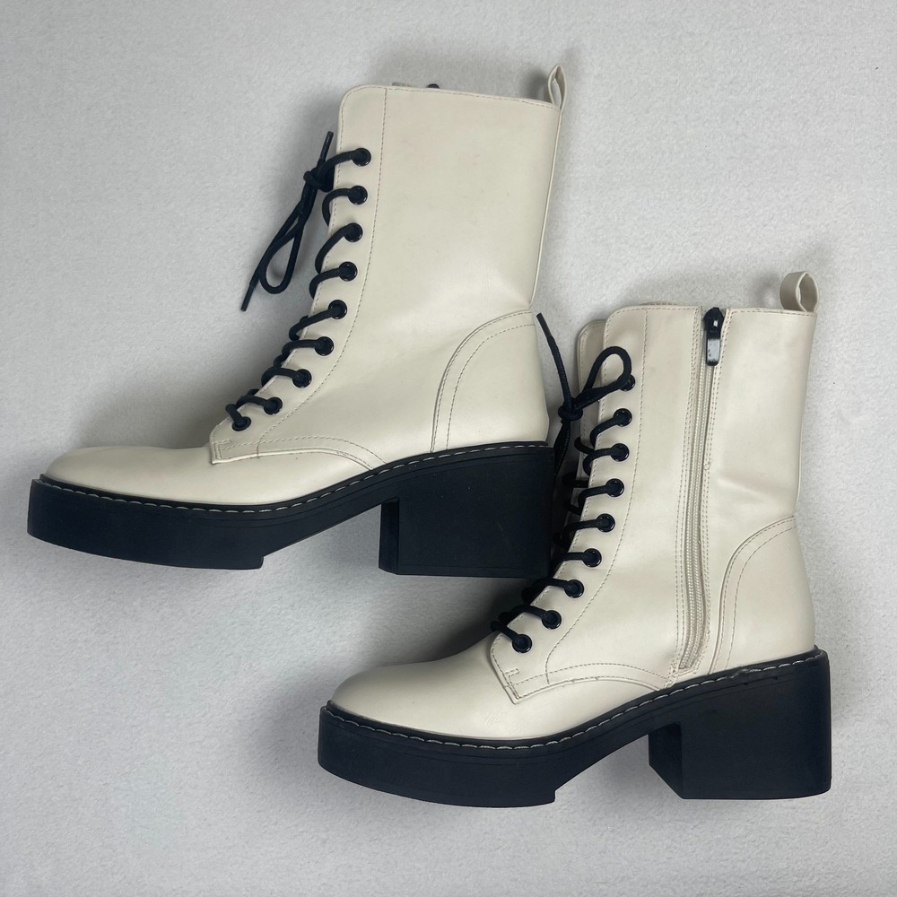 Nine West Women's 8M Off White Lace Up Combat Boots Block Heel Side Zip - Picture 6 of 11